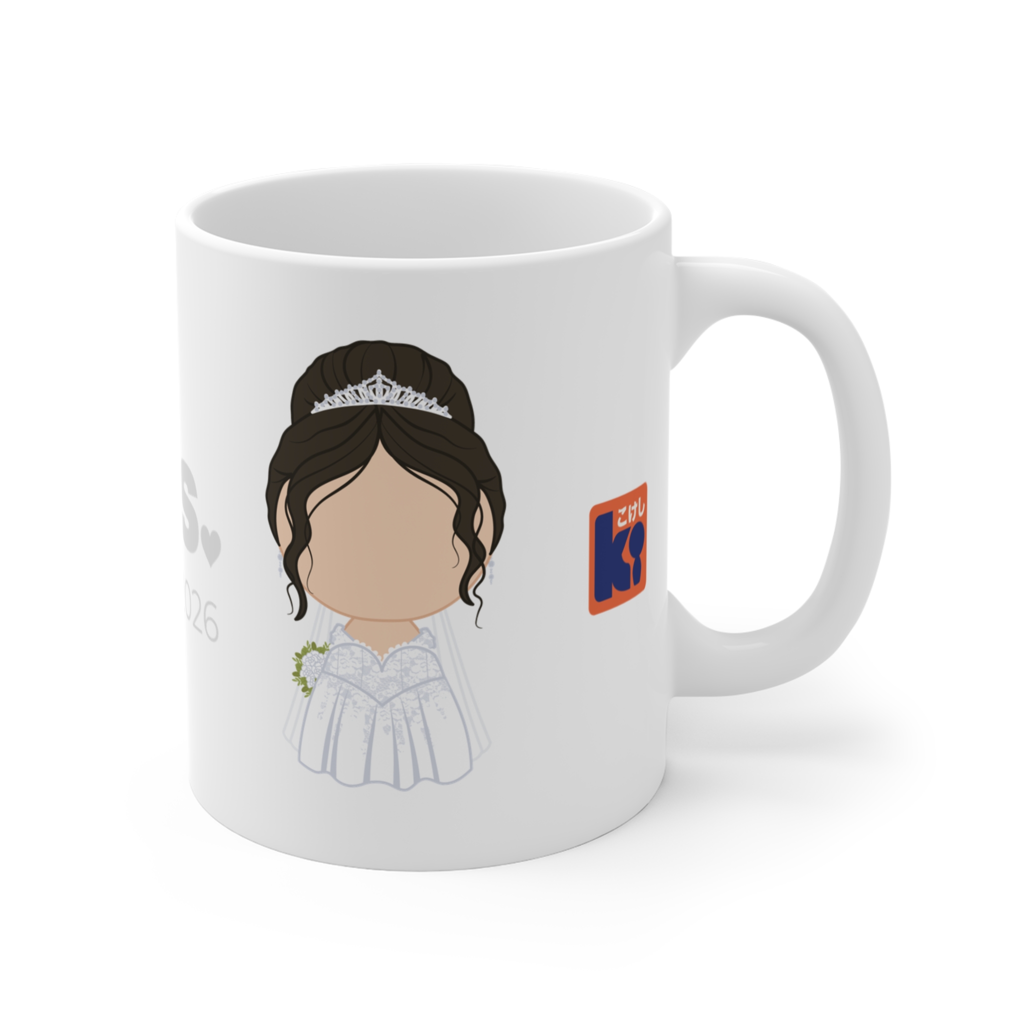 Mug blanc personnalisé pour un cadeau pour des jeunes mariés, ici la mariée