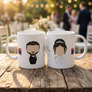Mise en scène de 2 mugs personnalisés pour un cadeau pour des jeunes mariés