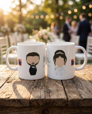 Mise en scène de 2 mugs personnalisés pour un cadeau pour des jeunes mariés